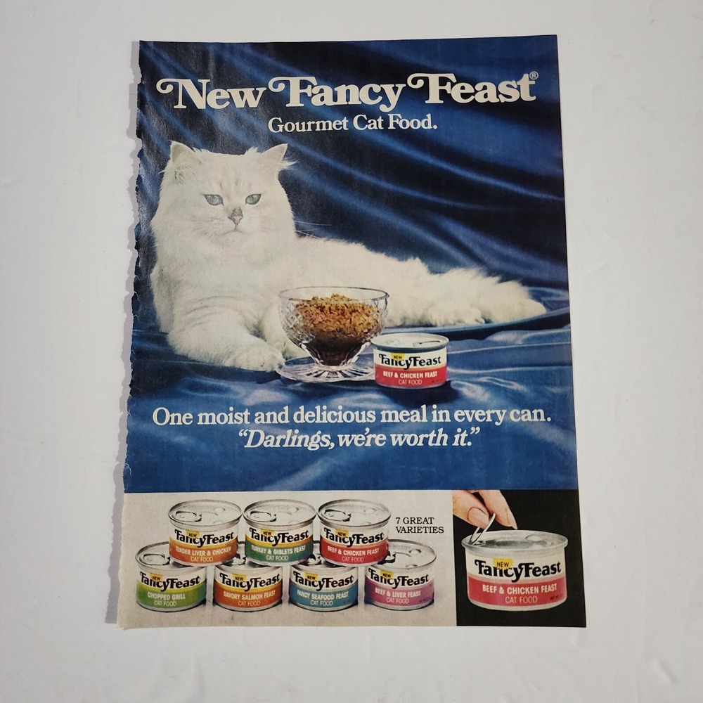 Vintage 1983 Fancy Feast Print Ad White Persian Cat Food McCall's Clipping 8x10